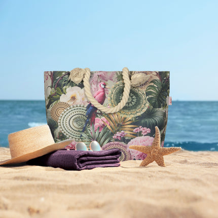Strandtas met Tropische Bloemen en Papegaai Print - 43x60 cm - Groen - Oeko-Tex Gecertificeerd - Polyester Linnen