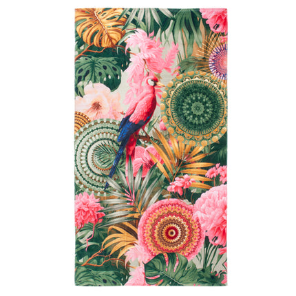 Strandlaken 100x180 cm - Tropische Papegaai en Mandala Print - Groen/Roze - 100% Katoen Velours - Oeko-Tex Gecertificeerd