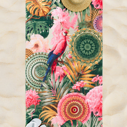 Strandlaken 100x180 cm - Tropische Papegaai en Mandala Print - Groen/Roze - 100% Katoen Velours - Oeko-Tex Gecertificeerd