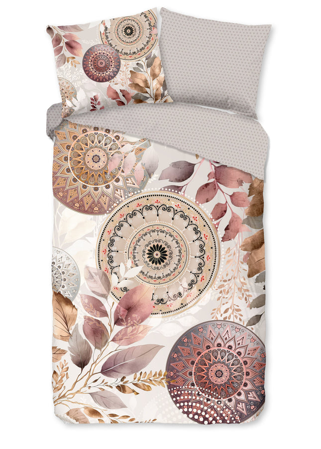Luxe Satijnen Dekbedovertrek 140x200 cm - Mandala en Bladeren Print - Grijs/Roze - 1 Persoons - 100% Katoen-Satijn