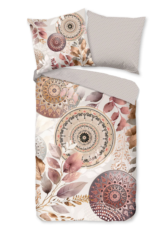 Luxe Satijnen Dekbedovertrek 135x200 cm - Mandala en Bladeren Print - Grijs/Roze - 1 Persoons - 100% Katoen-Satijn