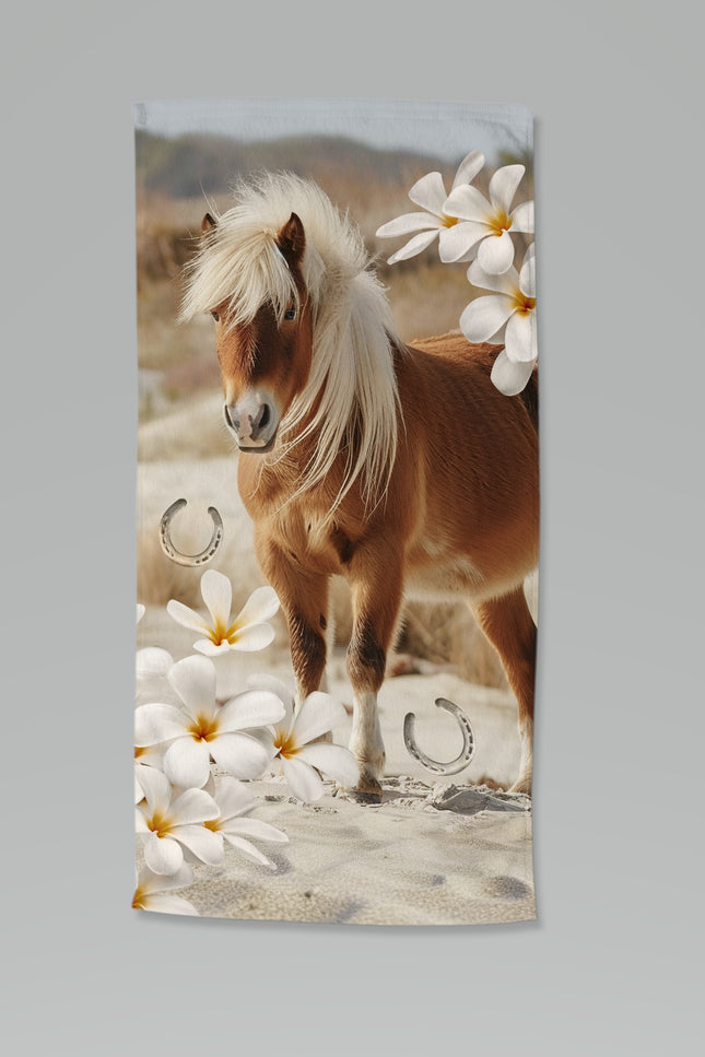 Strandlaken voor Kinderen 75x150 cm - Paarden en Bloemen Print - Zandkleur - Good Morning - Oeko-Tex Gecertificeerd