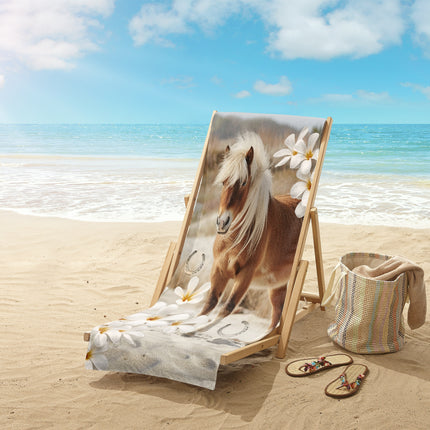 Strandlaken voor Kinderen 75x150 cm - Paarden en Bloemen Print - Zandkleur - Good Morning - Oeko-Tex Gecertificeerd