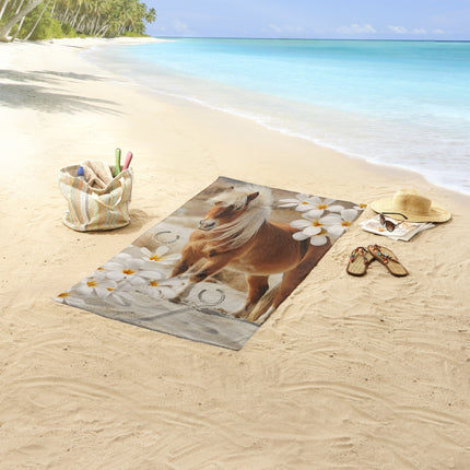 Strandlaken voor Kinderen 75x150 cm - Paarden en Bloemen Print - Zandkleur - Good Morning - Oeko-Tex Gecertificeerd