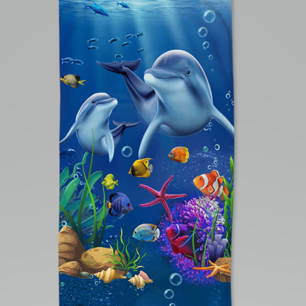 Strandlaken voor Kinderen 75x150 cm - Dolfijnen en Zeeleven Print - Blauw - Good Morning - Oeko-Tex Gecertificeerd - Zacht Polyester Velours