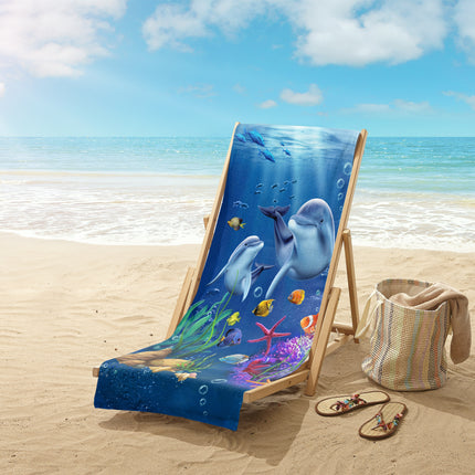 Strandlaken voor Kinderen 75x150 cm - Dolfijnen en Zeeleven Print - Blauw - Good Morning - Oeko-Tex Gecertificeerd - Zacht Polyester Velours