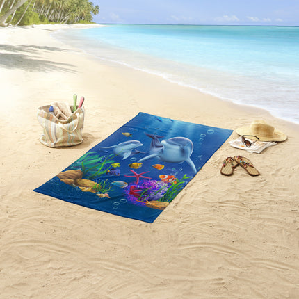 Strandlaken voor Kinderen 75x150 cm - Dolfijnen en Zeeleven Print - Blauw - Good Morning - Oeko-Tex Gecertificeerd - Zacht Polyester Velours
