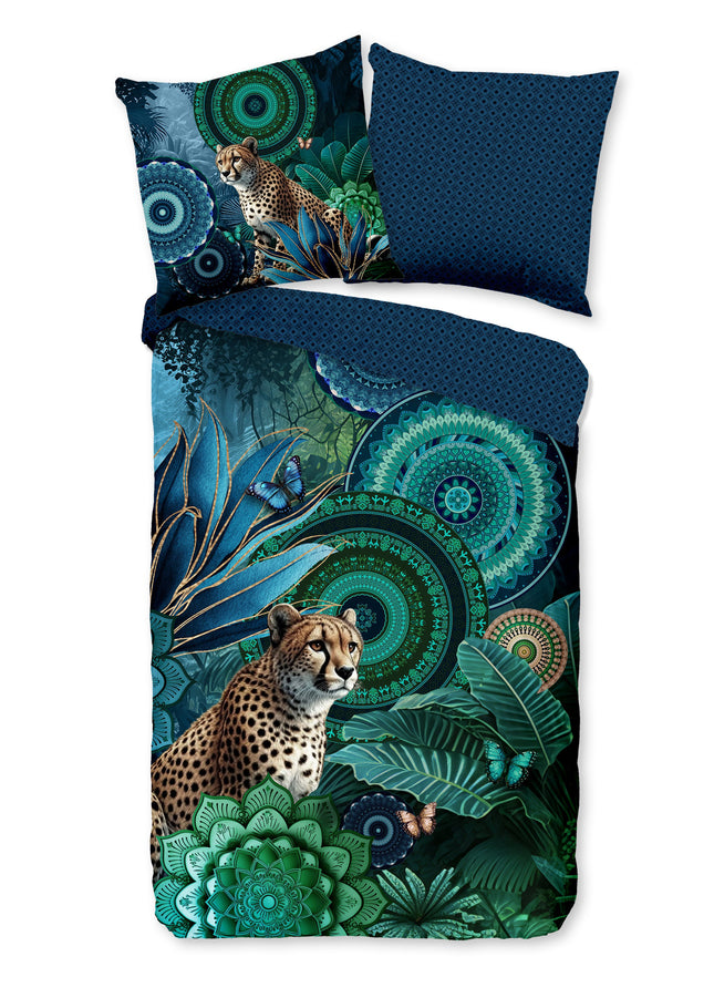 Luxe Satijnen Dekbedovertrek 155x220 cm - Mandala en Luipaard Print - Groen/Blauw - 1 Persoons - 100% Katoen-Satijn