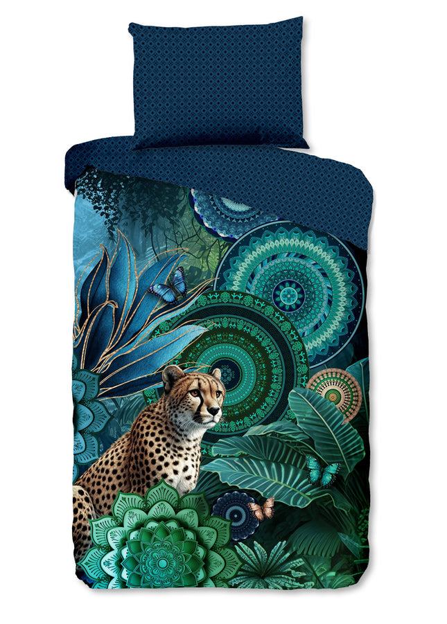 Luxe Satijnen Dekbedovertrek 140x200 cm - Mandala en Luipaard Print - Groen/Blauw - 1 Persoons - 100% Katoen-Satijn