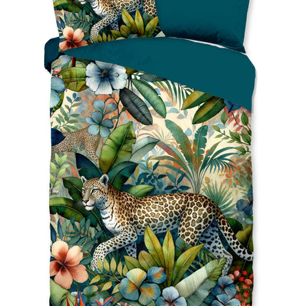 1 Persoons Dekbedovertrek 140x220 cm - Luipaard en Tropische Bladeren Print - Multi - 100% Microfiber - Oeko-Tex Gecertificeerd