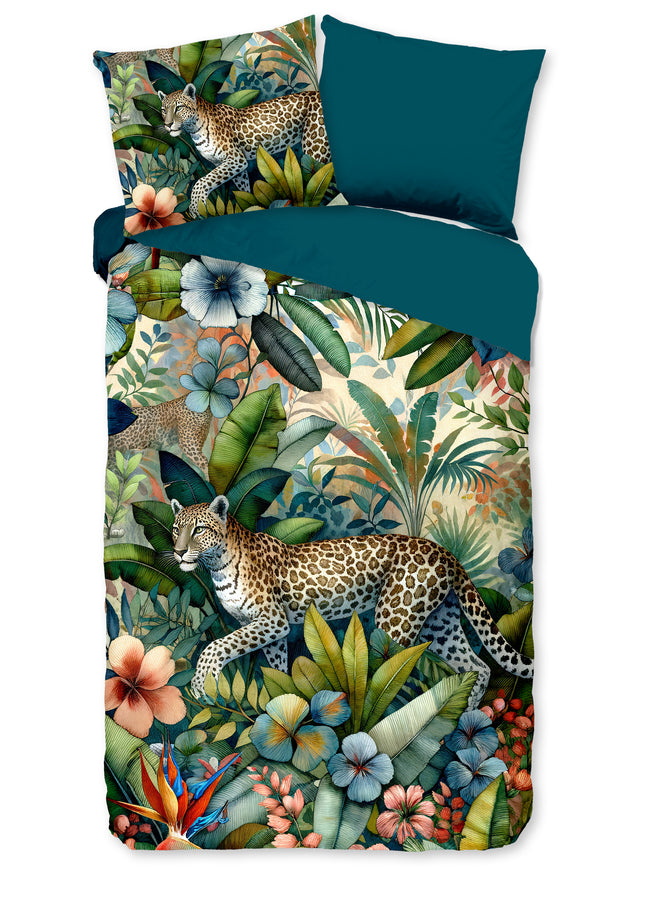 1 Persoons Dekbedovertrek 140x220 cm - Luipaard en Tropische Bladeren Print - Multi - 100% Microfiber - Oeko-Tex Gecertificeerd