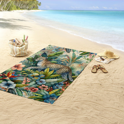 Strandlaken voor Kinderen 100x180 cm - Luipaard en Tropische Bladeren Print - Multi - Oeko-Tex Gecertificeerd - Zacht Polyester Velours