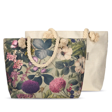 Strandtas Descanso 43x60 cm - Bloemen en Bladeren Print - Groen - Oeko-Tex Gecertificeerd - 100% Polyester Linnen