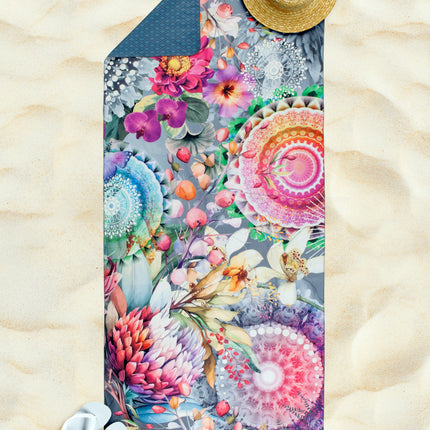 Yoga/Reishanddoek 75x180 cm - Mandala en Bloemenprint - Grijs - Microvezel - Oeko-Tex Gecertificeerd