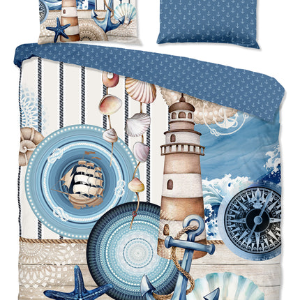 Luxe Satijnen Dekbedovertrek 240x220 cm - Maritiem Ontwerp met Vuurtoren en Schelpen - Blauw - 2 Persoons - 100% Katoen-Satijn