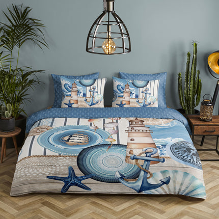 Luxe Satijnen Dekbedovertrek 240x220 cm - Maritiem Ontwerp met Vuurtoren en Schelpen - Blauw - 2 Persoons - 100% Katoen-Satijn