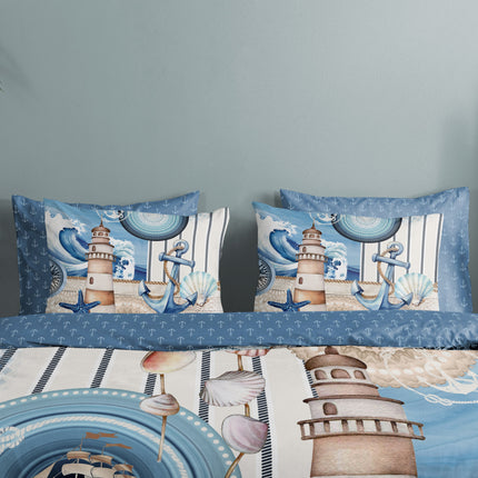 Luxe Satijnen Dekbedovertrek 240x220 cm - Maritiem Ontwerp met Vuurtoren en Schelpen - Blauw - 2 Persoons - 100% Katoen-Satijn