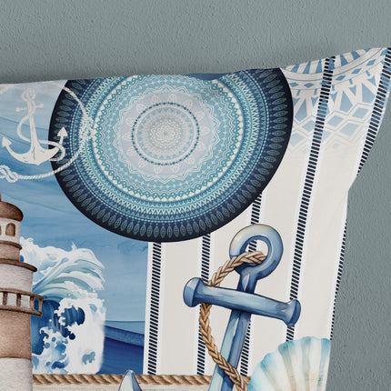 Luxe Satijnen Dekbedovertrek 240x220 cm - Maritiem Ontwerp met Vuurtoren en Schelpen - Blauw - 2 Persoons - 100% Katoen-Satijn