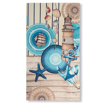 Strandlaken 100x180 cm - Maritiem Ontwerp met Vuurtoren en Schelpen - Blauw - 100% Katoen Velours - Oeko-Tex Gecertificeerd
