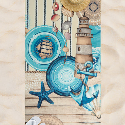 Strandlaken 100x180 cm - Maritiem Ontwerp met Vuurtoren en Schelpen - Blauw - 100% Katoen Velours - Oeko-Tex Gecertificeerd