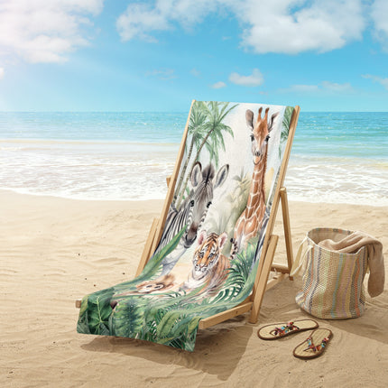 Strandlaken voor Kinderen 75x150 cm - Jungle Dieren Print - Zebra, Giraffe, Tijger, Aap - Multi - Oeko-Tex Gecertificeerd - Good Morning