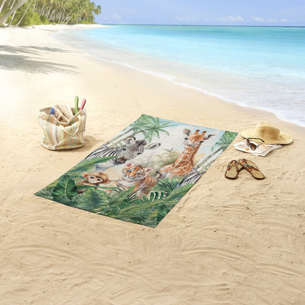 Strandlaken voor Kinderen 75x150 cm - Jungle Dieren Print - Zebra, Giraffe, Tijger, Aap - Multi - Oeko-Tex Gecertificeerd - Good Morning