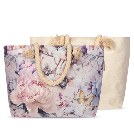 Strandtas met Bloemen en Vlinders Print - 43x60 cm - Grijs - Oeko-Tex Gecertificeerd - Polyester Linnen - Hippe Strandtas met Touw Handvat