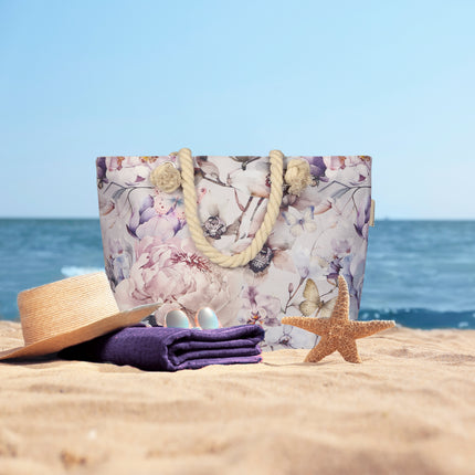 Strandtas met Bloemen en Vlinders Print - 43x60 cm - Grijs - Oeko-Tex Gecertificeerd - Polyester Linnen - Hippe Strandtas met Touw Handvat