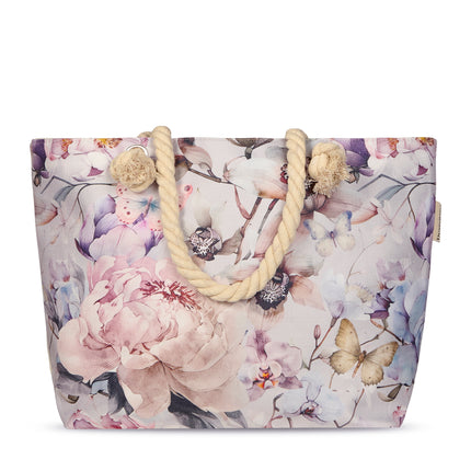 Strandtas met Bloemen en Vlinders Print - 43x60 cm - Grijs - Oeko-Tex Gecertificeerd - Polyester Linnen - Hippe Strandtas met Touw Handvat