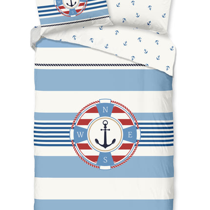 1 Persoons Dekbedovertrek 140x220 cm - Nautisch Anker en Kompas Print - Blauw/Wit - Microfiber - Oeko-Tex Gecertificeerd