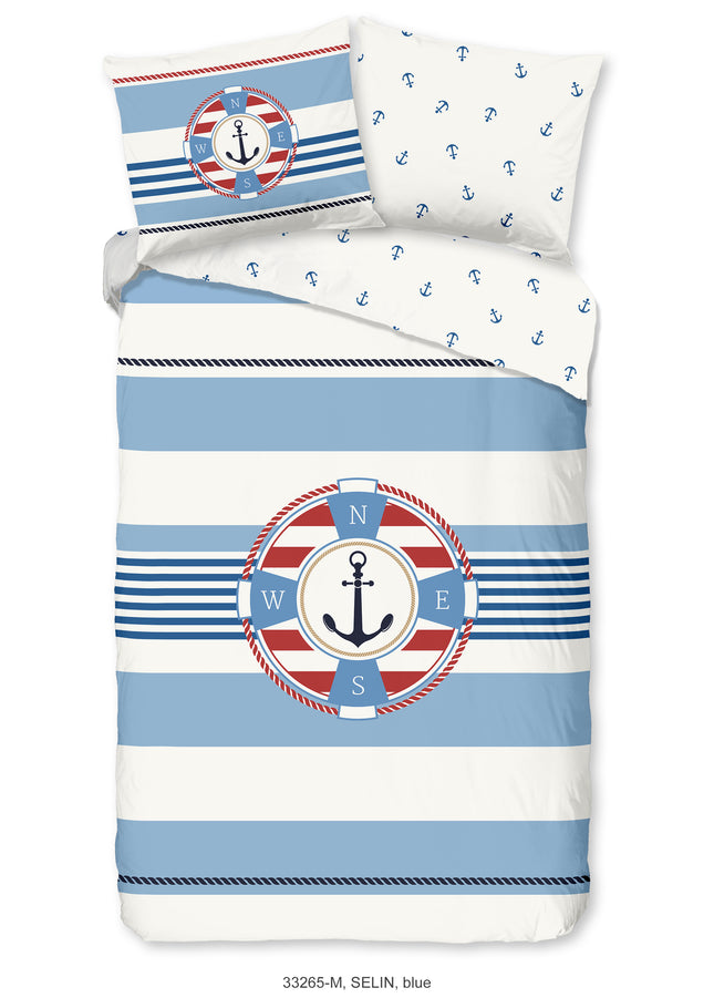 1 Persoons Dekbedovertrek 140x220 cm - Nautisch Anker en Kompas Print - Blauw/Wit - Microfiber - Oeko-Tex Gecertificeerd