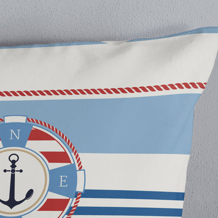 1 Persoons Dekbedovertrek 140x220 cm - Nautisch Anker en Kompas Print - Blauw/Wit - Microfiber - Oeko-Tex Gecertificeerd