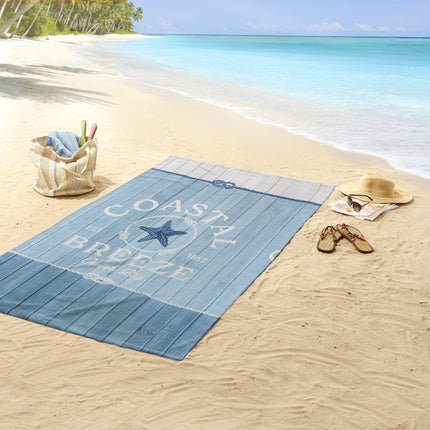 Strandlaken voor Kinderen 100x180 cm - Maritiem Houten Planken en Zeester Print - Blauw - Oeko-Tex Gecertificeerd - Good Morning