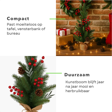 Cheqo® Kunst Kerstboompje - Decoratie Kerstboom - 45 cm Hoog - Rode Bessen - Jute Zak - Groen/Rood - Mini Kerstboom - Kerstboom Met Bessen - Decoratieve Boom - Kerstboom Voor Binnen - Kerstboom Zonder Verlichting - Compacte Kerstboom
