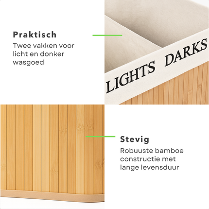 Cheqo® Wasmand met 2 Vakken - Wassorteerder - Bamboe Wasmand - Uitneembare Binnenzak - Afneembaar Deksel - 100 Liter Inhoud - Naturel Kleur - Wasmand met Deksel - Wasbare Binnenzak