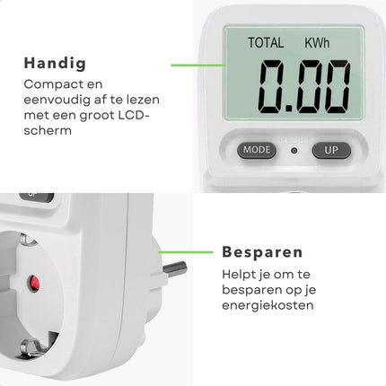 Cheqo® Energiemeter - Stroomverbruikmeter - voor Nauwkeurige Energieberekening - Voor Binnen - ABS - Geaard - 10.8 x 6.4 x 7.4 cm - LCD Display - Gebruiksvriendelijk - Verbruiksmeter - Energiekosten - Stopcontact - Kwh Meter - Elektriciteitsmeter Energiemeters