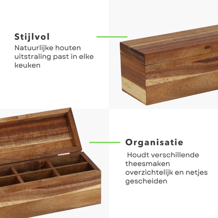 Cheqo® Theedoos - Thee Opbergdoos - Thee Bewaardoos - Theekist - Theekistje - Theezakjes Doos - Theezakjes Opbergdoos - Theezakjes Houder - Theebox - Tea Box - Theedoos 6 Vakken - Houten Theedoos