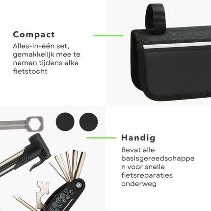 Cheqo® Fietsgereedschapset 14-Delig - Fietsgereedschap - Fietsmateriaal - Toolset - Gereedschapset - Reparatieset Fiets - Compacte Reparatieset met Mini Fietspomp - Inclusief Opbergtas