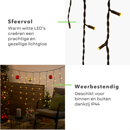 Cheqo® Ijspegel Verlichting - Lichtgordijn - Kerstverlichting Buiten - Kerstverlichting Binnen - 180 LED - Warm Wit - 6 Meter - 8 Lichtfuncties - IP44 Adapter - Geschikt Voor Buiten - Groen Snoer - 3 Meter Aansluitsnoer - LED Lampjes