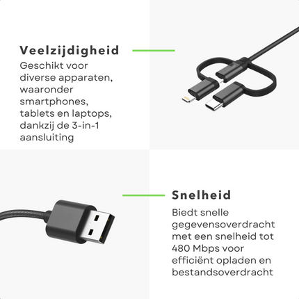 Cheqo® 3-in-1 Oplaadkabel - USB-C - Lightning - Micro-USB - Versterkt - Voor Smartphones - 1.2m - 15W - 480 Mbps - USB 2.0 - Snellader - Oplader - Fast Charge - Voor Auto - Onderweg - Thuis - Multifunctionele Oplaadkabel Apple Lightning naar USB