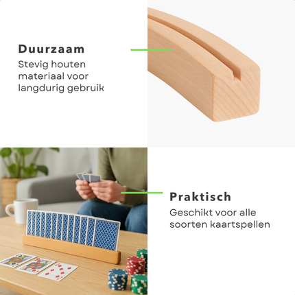 Cheqo® Houten Kaartenhouder - Spelkaarten Houder - Kaarten Overzichtelijk - Handen Vrij Tijdens Spel - Houten Spelaccessoire - Kaartenhouder Voor Tafel - Kaartenhouder Voor Bordspellen - Kaartenhouder Met Sleuf