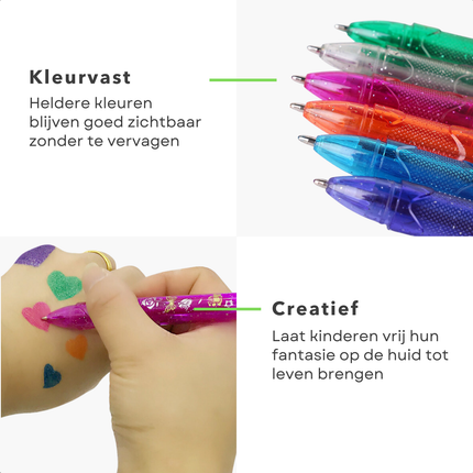 Cheqo® Tattoo Gelpennen voor Kinderen - Glittergel Pennen - Glitterpen - Glitter Pen Huidvriendelijk - Creatieve Tekenpennen Set 6 Kleuren