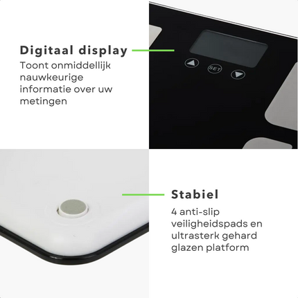 Cheqo® Smart Scale - Personenweegschaal - BMI, BMR, Vetpercentage, Watergehalte - 200kg Capaciteit - 8 Geheugenplaatsen - Automatische aan-/uitschakeling - 34.5x32.5x4cm - Lichaamsanalyse - Lange Levensduur Personenweegschaal