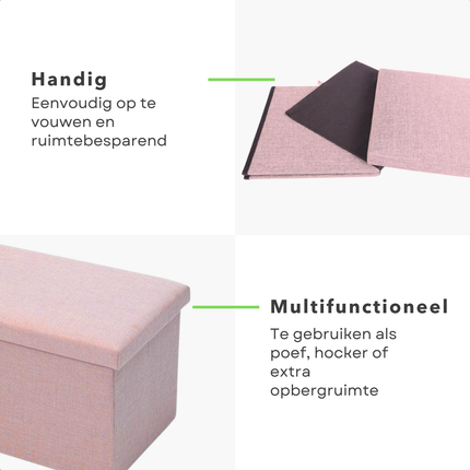 Cheqo® Opvouwbare Poef Met Opbergruimte - Roze - Grote Opbergbox - Organizer - Voetenbankje - Hocker - MDF en Katoen