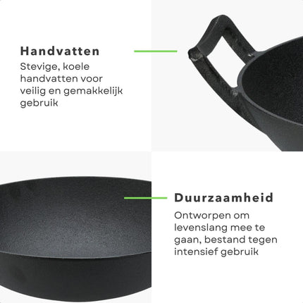 Cheqo® - Gietijzeren Wokpan - Ø36 cm - Zware Kwaliteit - BBQ en Open Vuur - Duurzaam Koken - Robuuste Handvatten - 4.3 kg - Lange Levensduur - Anti-Aanbaklaag Wokpannen