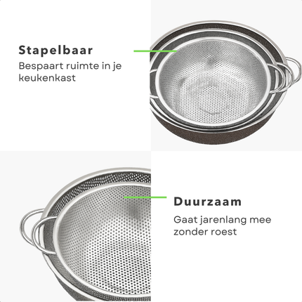 Cheqo® Roestvrijstalen Vergiet - Vergietset 3-Delig - Keukenaccessoire RVS - Verschillende Maten - 16.5 cm Vergiet - 22.5 cm Vergiet - 28.5 cm Vergiet