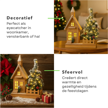Cheqo® Verlicht Kersthuisje - Kersthuis met LED Verlichting - Warm Wit - Werkt Op Batterijen - Houten Kersthuis - Kerstdecoratie - Kersthuisjes En Kerstdorpen - Aanloopsnoer - Kerstornament Kerstdorp - Sfeerverlichting - Winterdecoratie