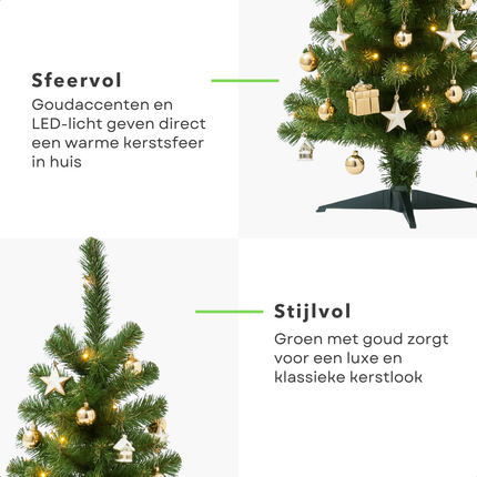 Cheqo® Kerstboom met Verlichting - Kunstkerstboom met LED-Verlichting – 90cm – Groene & Gouden Kerstboom – Met Kerstballen – Kunstkerstboom met Verlichting – Compacte Kerstboom – Kerstdecoratie - Met Gouden Kerstballen