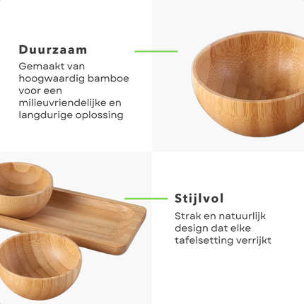 Cheqo® Bamboe Tapas Set - Serveerplank 21x7 cm - Inclusief 3 Schalen - Duurzaam Bamboe