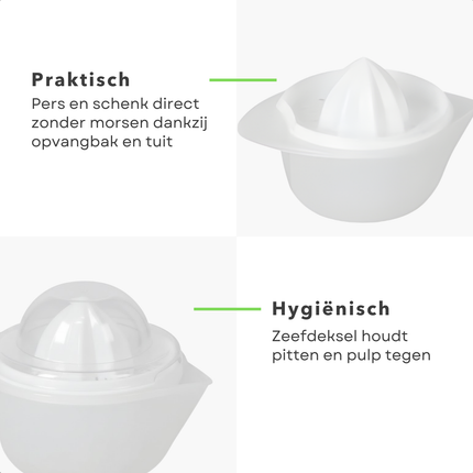Cheqo® Citruspers - Sinaasappelpers - Citroenpers - Handmatige Citruspers - Citruspers Wit - Citruspers met Opvangbakje - Citruspers met Schenktuit - Citruspers met Zeef - Citruspers met Pittenzeef